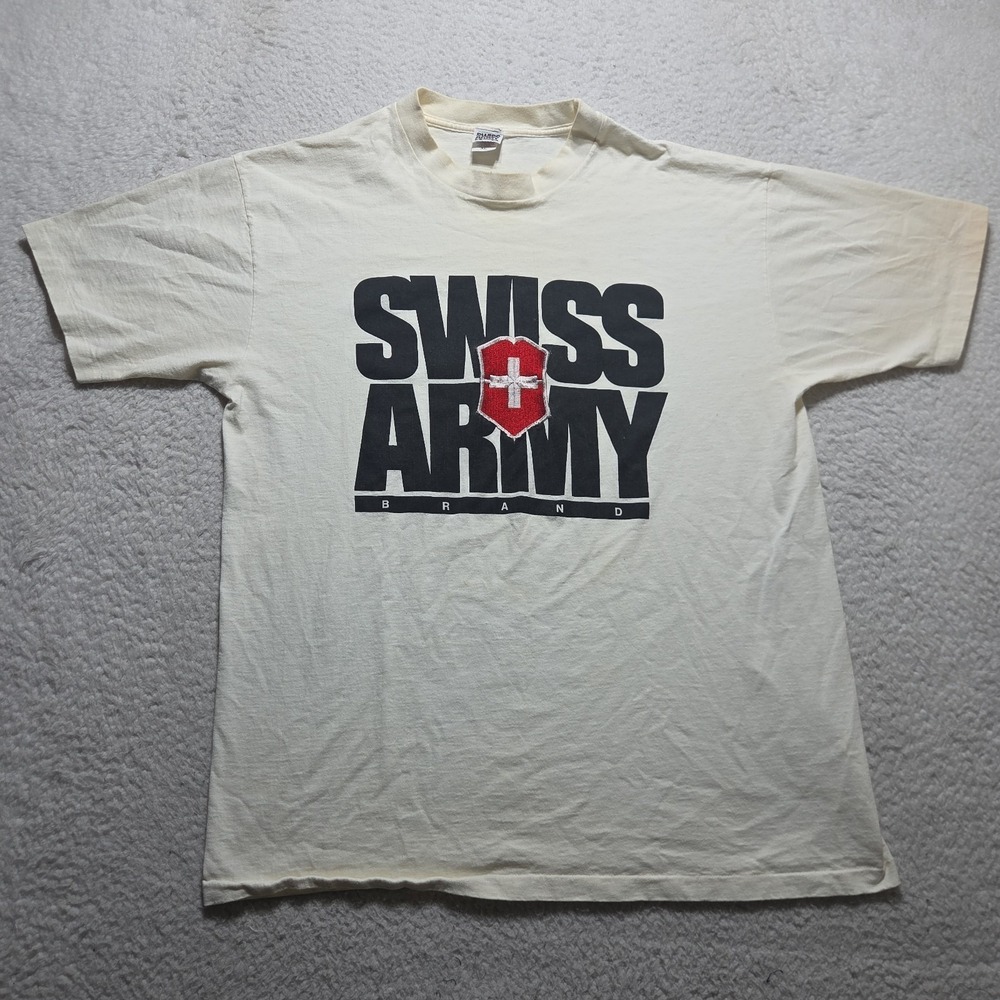 Vintage 1990s Swiss Army Tactical Embroidered Single Stitch White Shirt Men's XL